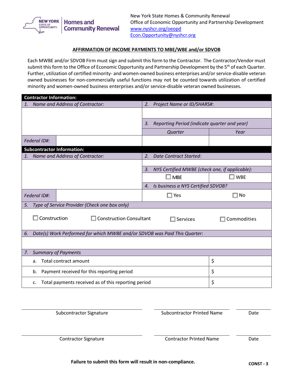 Form CONST-3 Affirmation of Income Payments to Mbe / Wbe and / or Sdvob - New York, Page 1