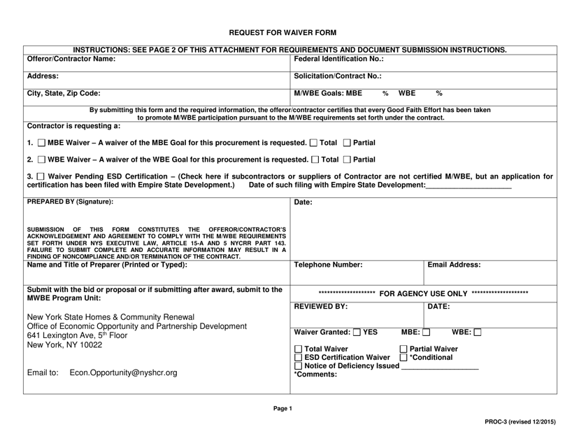 Form PROC-3 Request for Waiver Form - New York