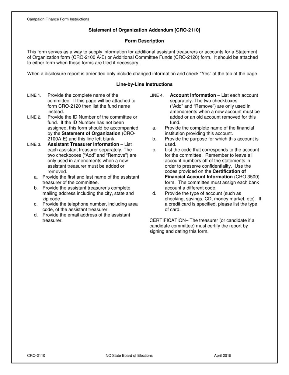Instructions for Form CRO-2110 Statement of Organization Addendum - North Carolina, Page 1