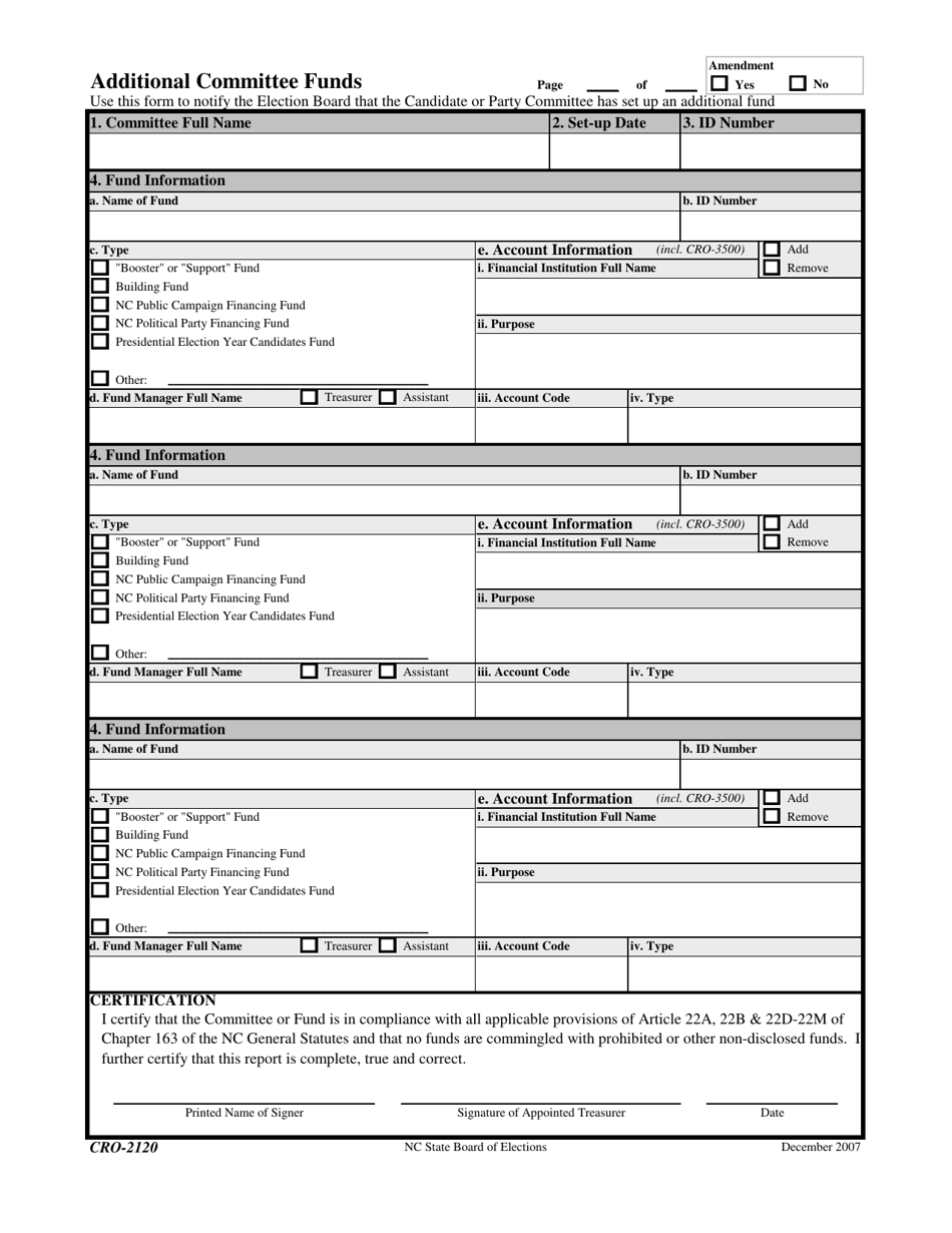 Form CRO-2120 Additional Committee Funds - North Carolina, Page 1
