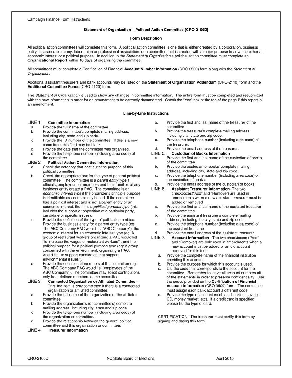 Instructions for Form CRO-2100D Political Action Committee - North Carolina, Page 1