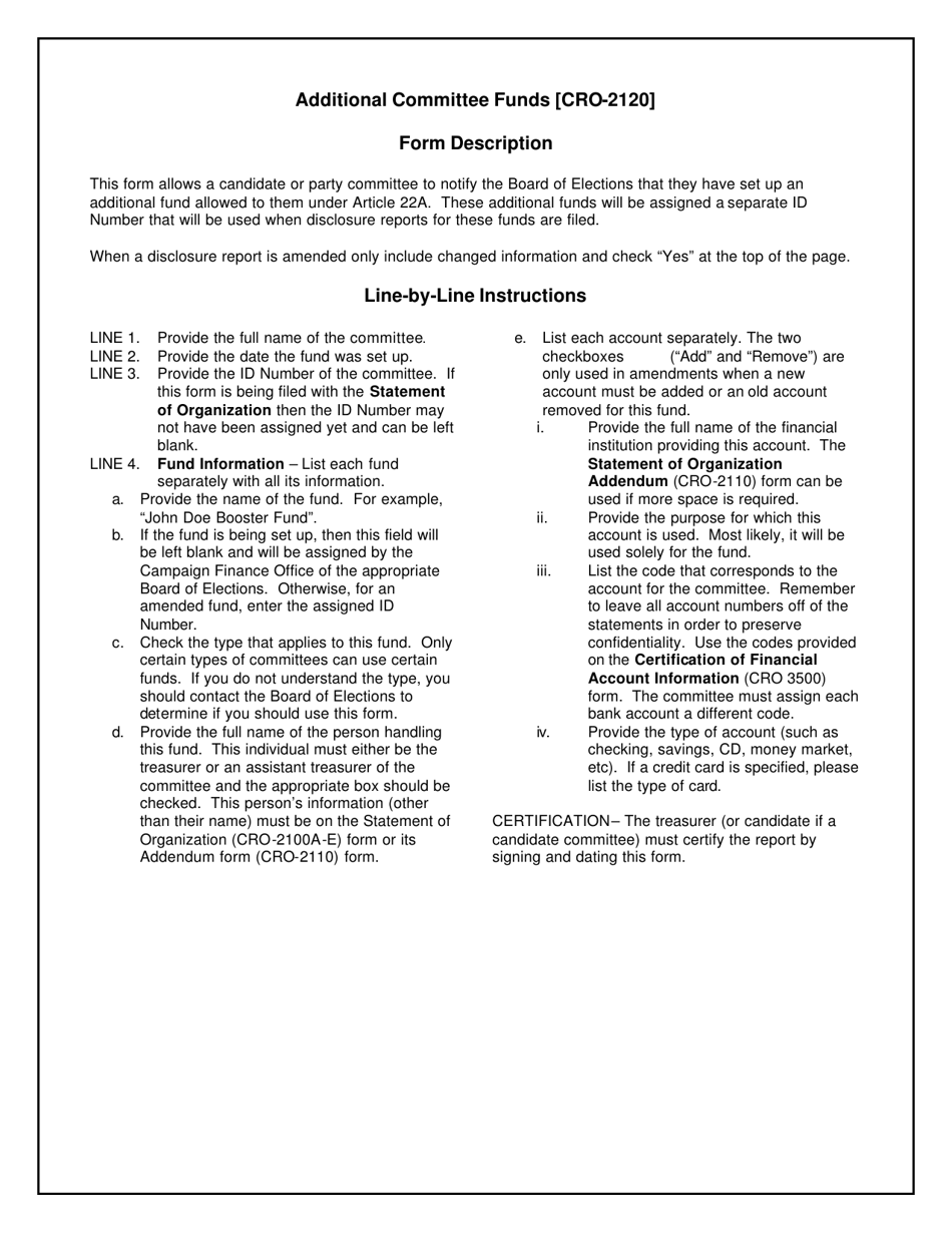 Instructions for Form CRO-2120 Additional Committee Funds - North Carolina, Page 1