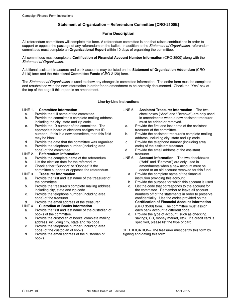 Instructions for Form CRO-2100E Statement of Organization - Referendum Committee - North Carolina, Page 1
