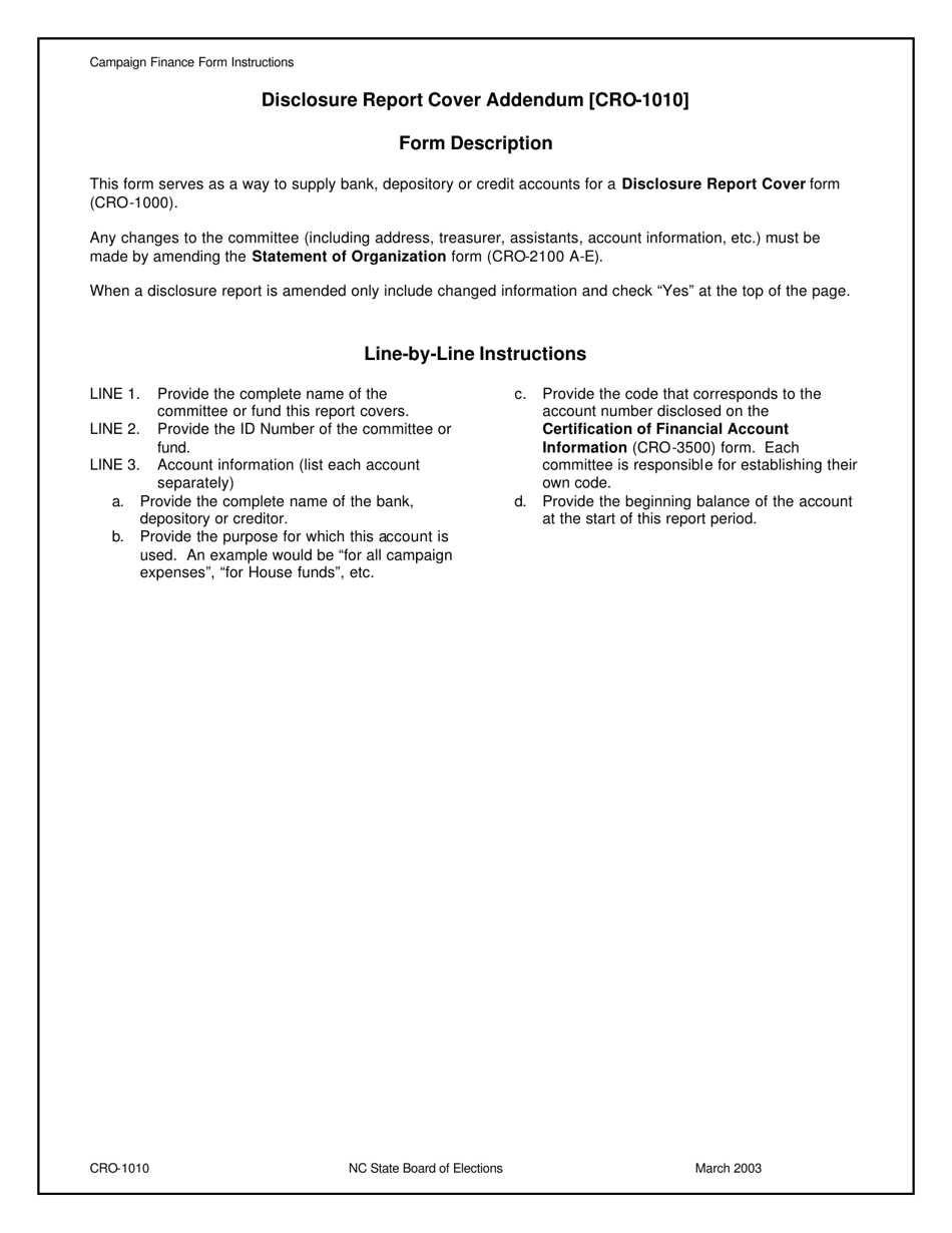 Instructions for Form CRO-1010 Disclosure Report Cover Addendum - North Carolina, Page 1