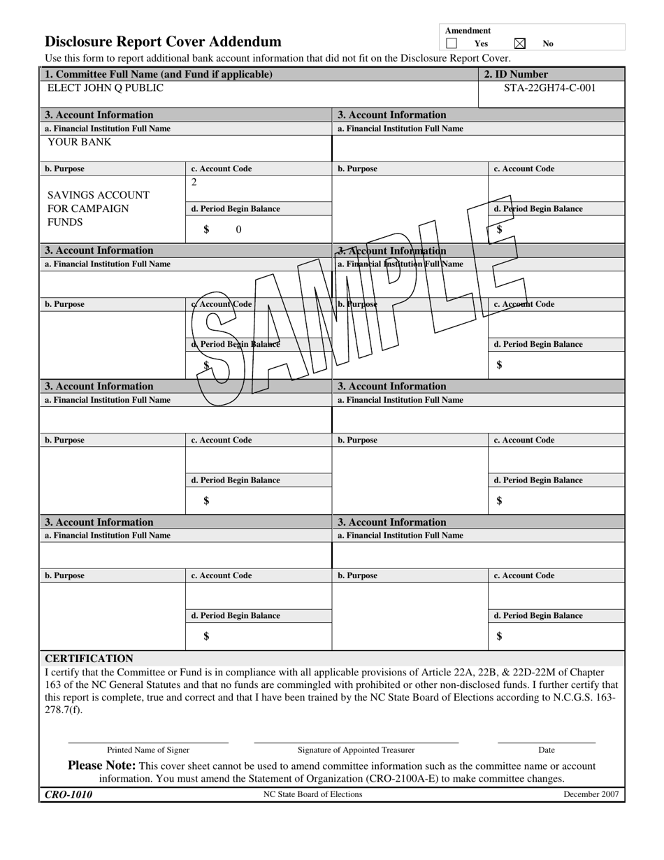 Sample Form CRO-1010 Disclosure Report Cover Addendum - North Carolina, Page 1