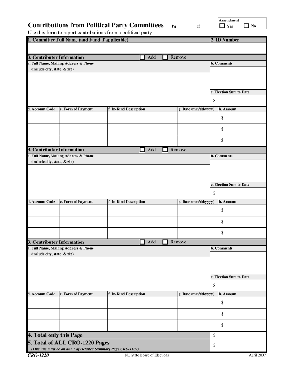 Form CRO-1220 Contributions From Political Party Committees - North Carolina, Page 1