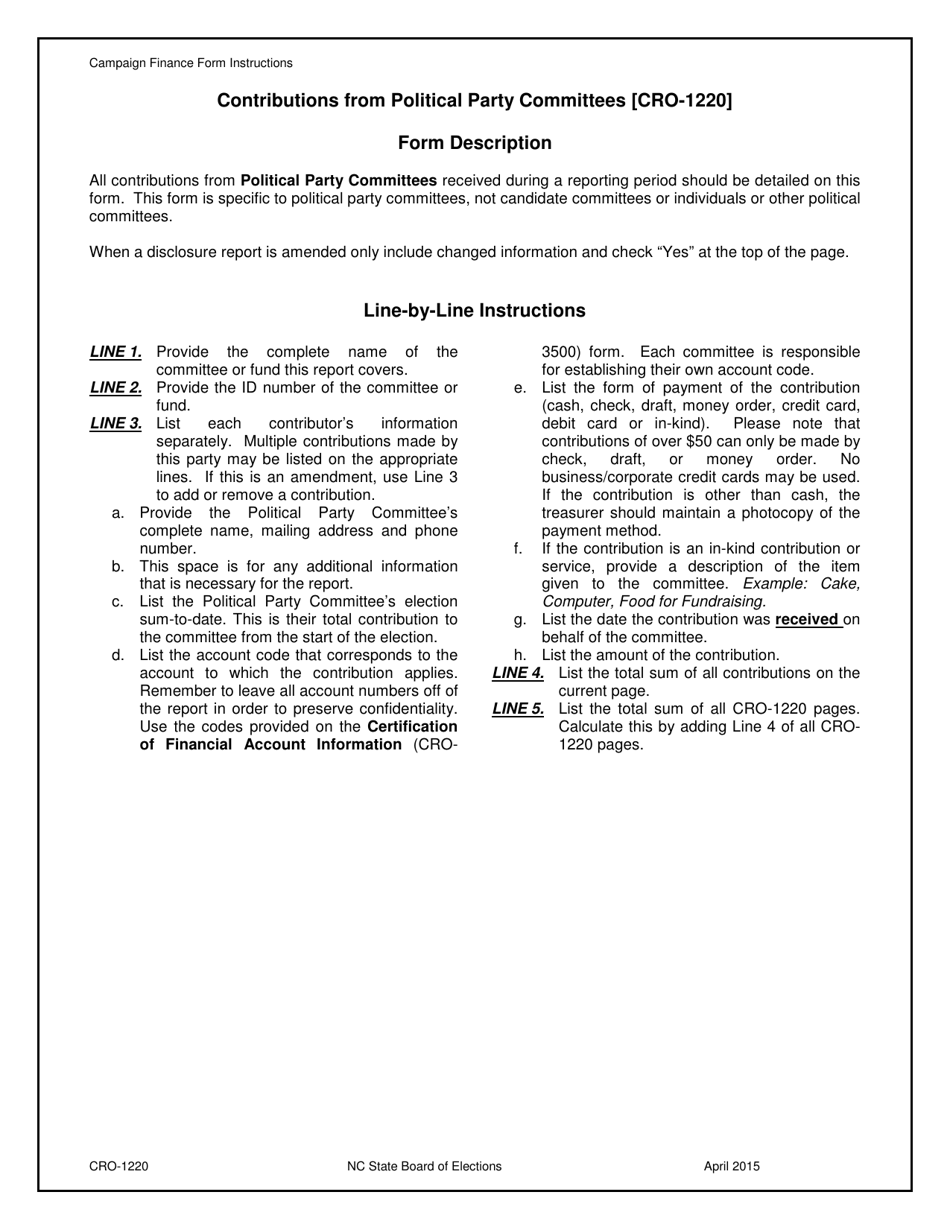 Instructions for Form CRO-1220 Contributions From Political Party Committees - North Carolina, Page 1