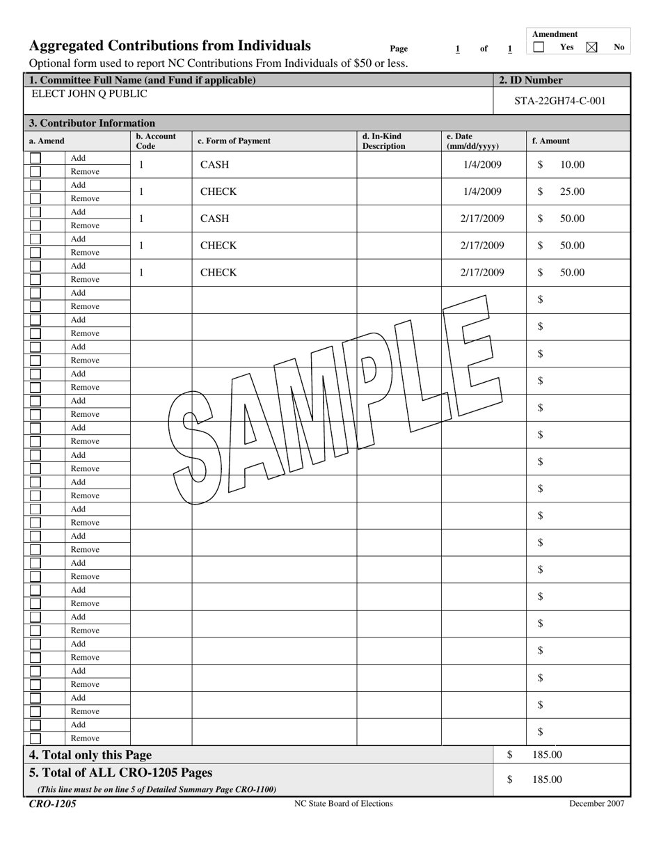 Sample Form CRO-1205 Aggregated Contributions From Individuals - North Carolina, Page 1