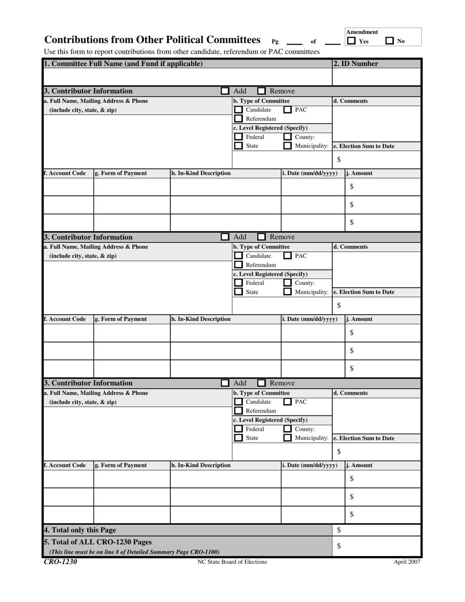 Form CRO-1230 Contributions From Other Political Committees - North Carolina, Page 1