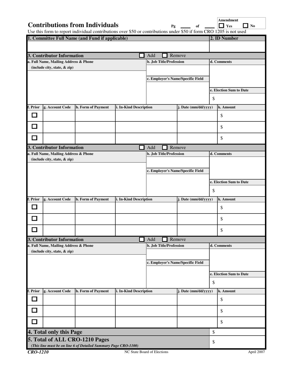 Form CRO-1210 Contributions From Individuals - North Carolina, Page 1