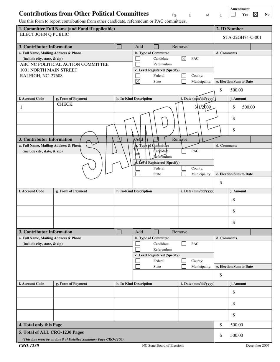 Sample Form CRO-1230 Contributions From Other Political Committees - North Carolina, Page 1