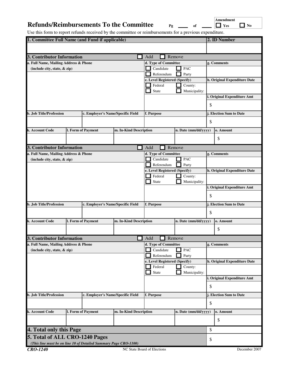 Form CRO-1240 Refunds / Reimbursements to the Committee - North Carolina, Page 1