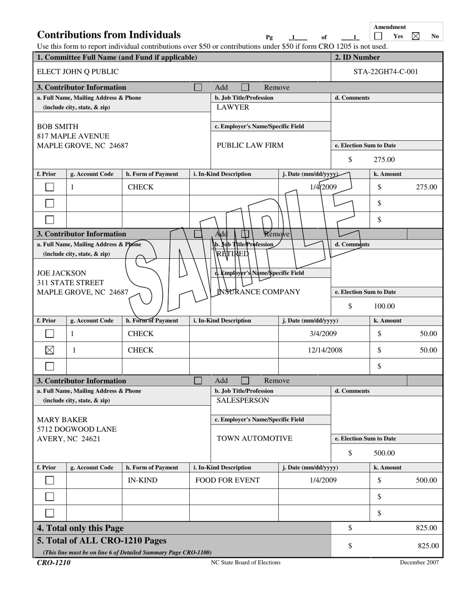 Sample Form CRO-1210 Contributions From Individuals - North Carolina, Page 1