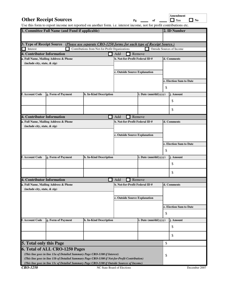 Form CRO-1250 Other Receipt Sources - North Carolina, Page 1