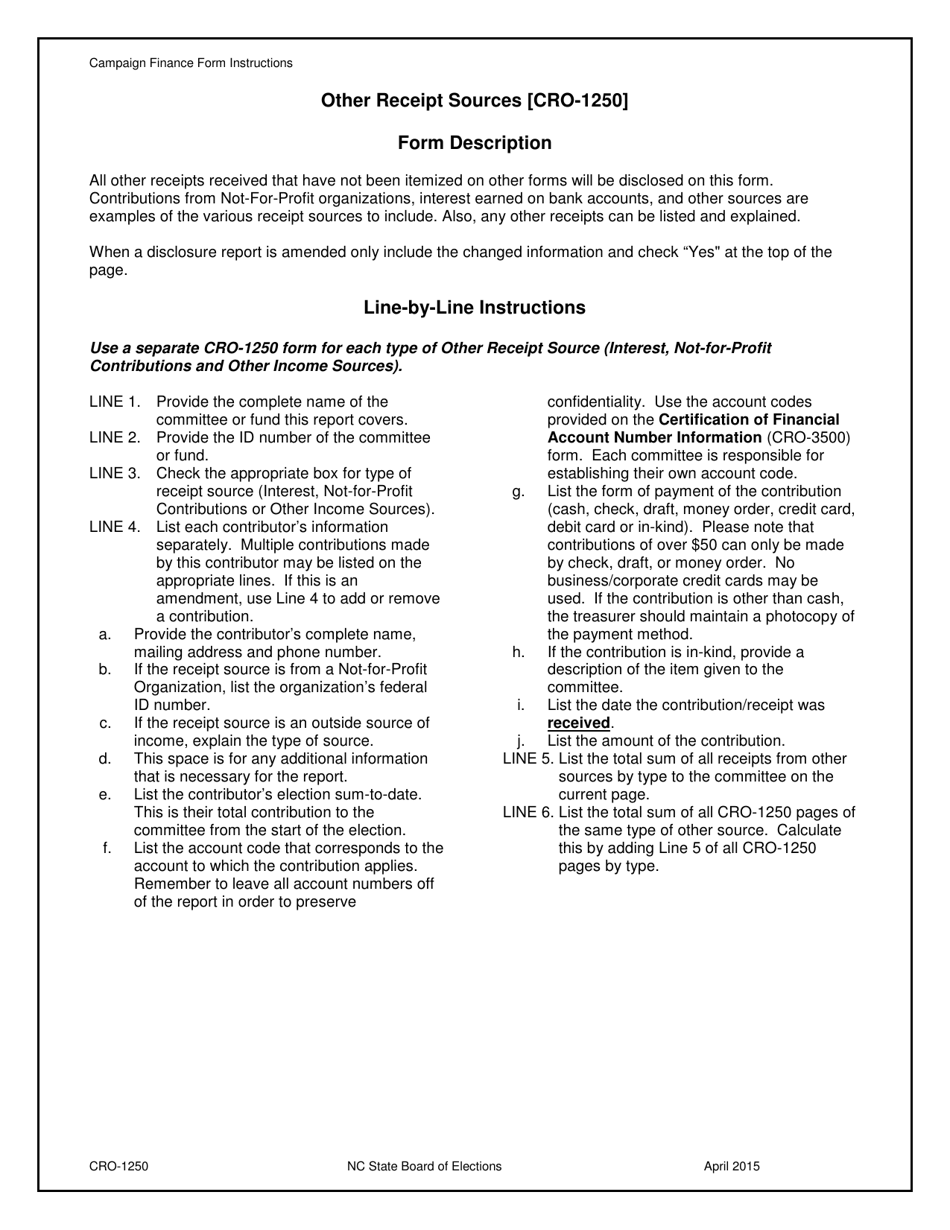 Instructions for Form CRO-1250 Other Receipt Sources - North Carolina, Page 1