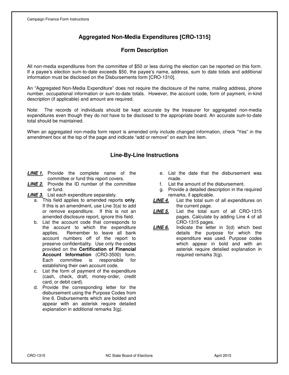 Instructions for Form CRO-1315 Aggregated Non-media Expenditures - North Carolina, Page 1
