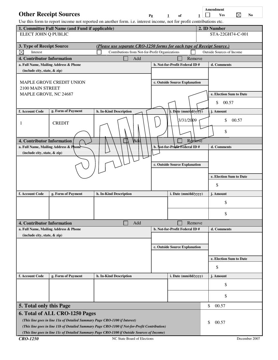 Sample Form CRO-1250 Other Receipt Sources - North Carolina, Page 1