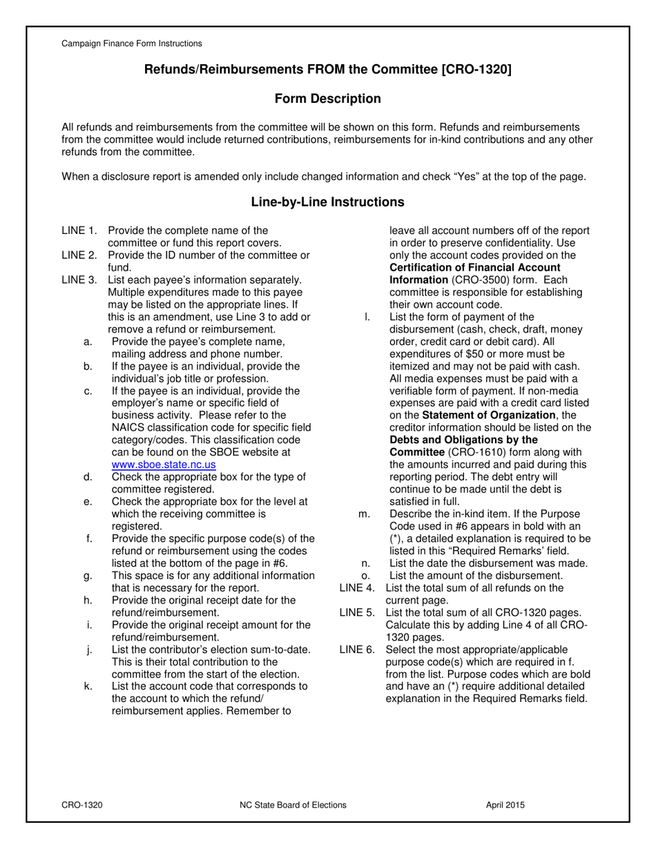 Instructions for Form CRO-1320 Refunds and Reimbursements From the Committee - North Carolina, Page 1