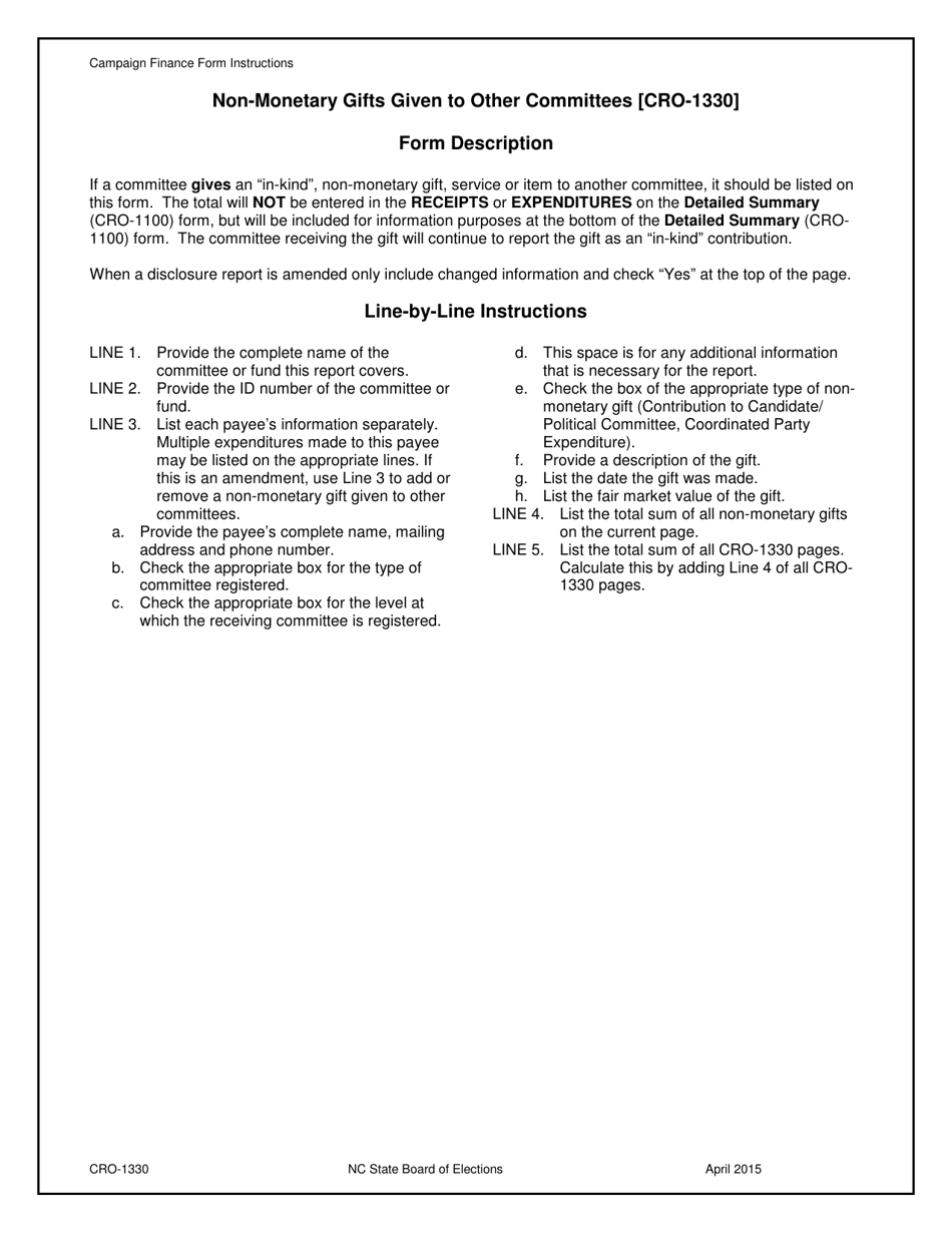 Instructions for Form CRO-1330 Non-monetary Gifts Given to Other Committees - North Carolina, Page 1