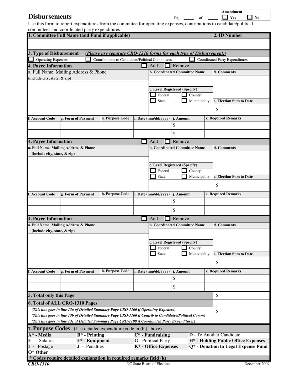 Form CRO-1310 Disbursements - North Carolina, Page 1