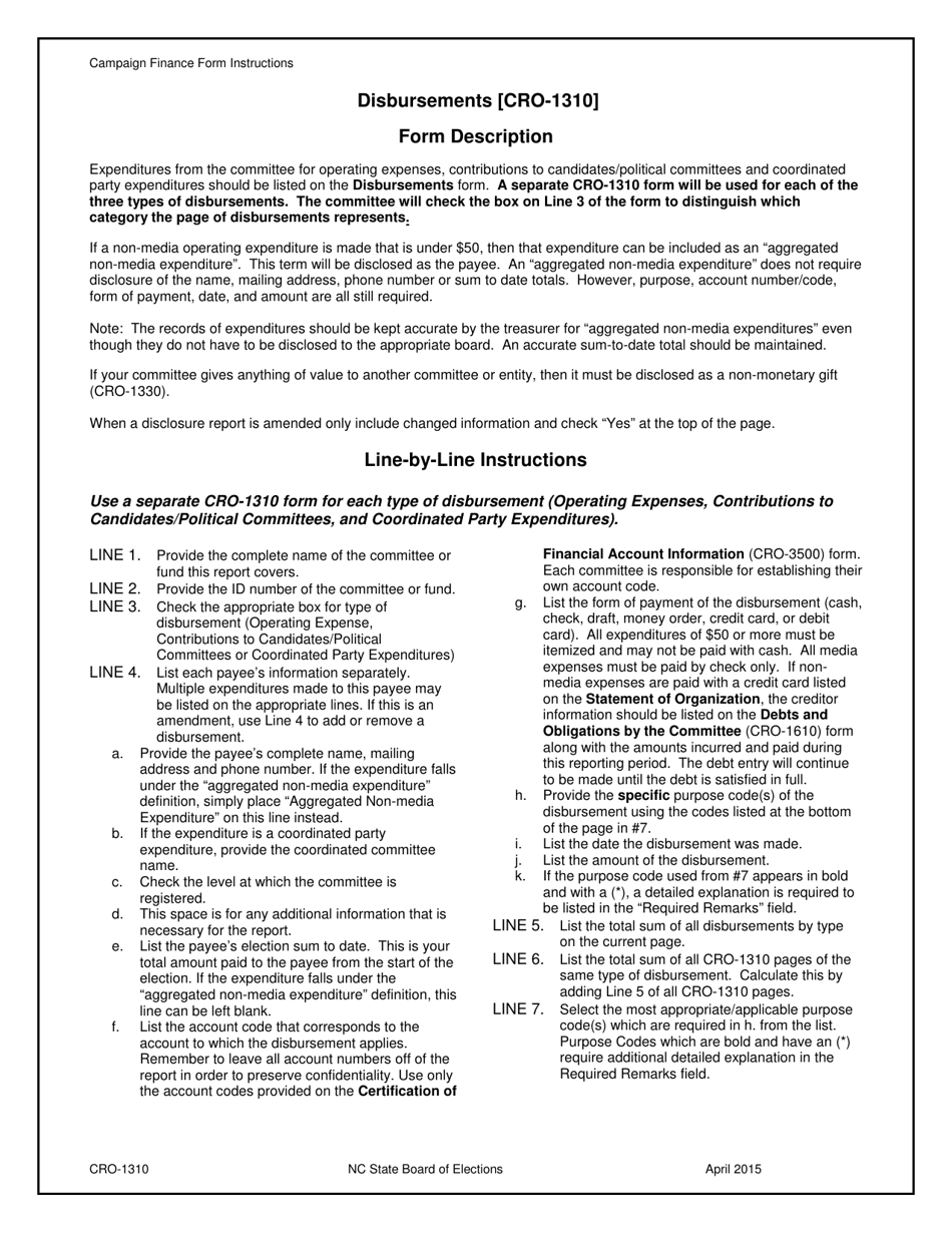 Instructions for Form CRO-1310 Disbursements - North Carolina, Page 1