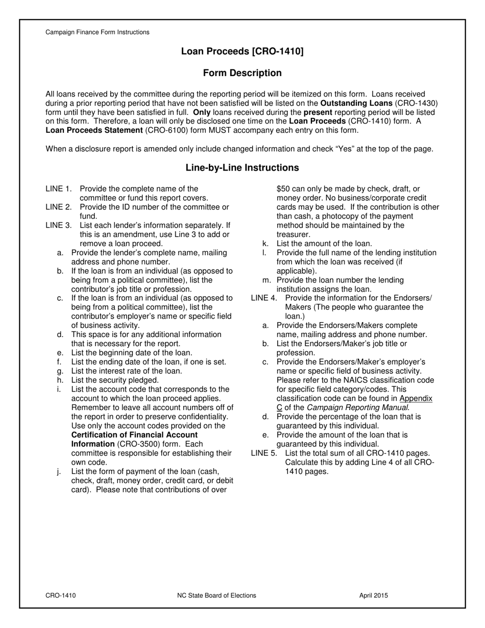 Instructions for Form CRO-1410 Loan Proceeds - North Carolina, Page 1