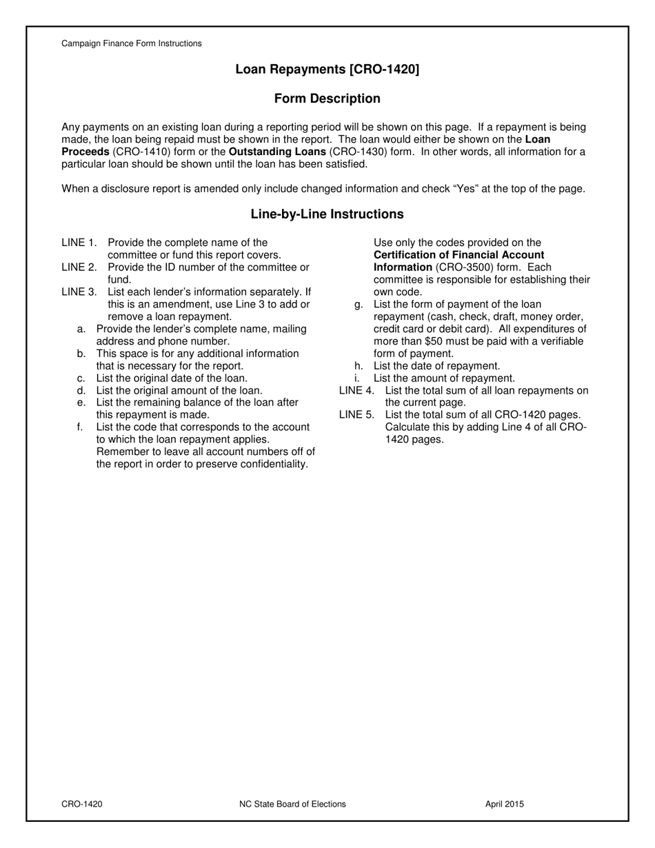 Instructions for Form CRO-1420 Loan Repayments - North Carolina, Page 1