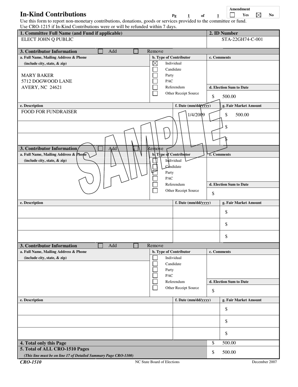 Sample Form CRO-1510 In-kind Contributions - North Carolina, Page 1
