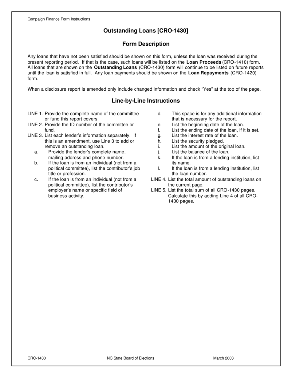 Instructions for Form CRO-1430 Outstanding Loans - North Carolina, Page 1