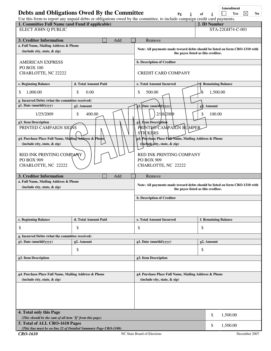 Sample Form CRO-1610 Debts and Obligations Owed by the Committee - North Carolina, Page 1