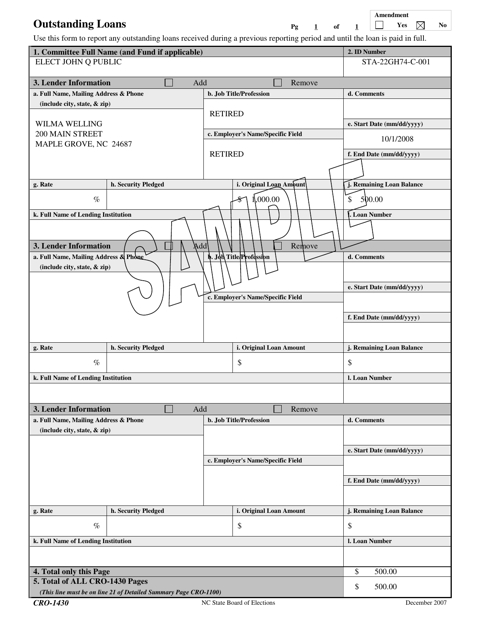 Sample Form CRO-1430 Outstanding Loans - North Carolina