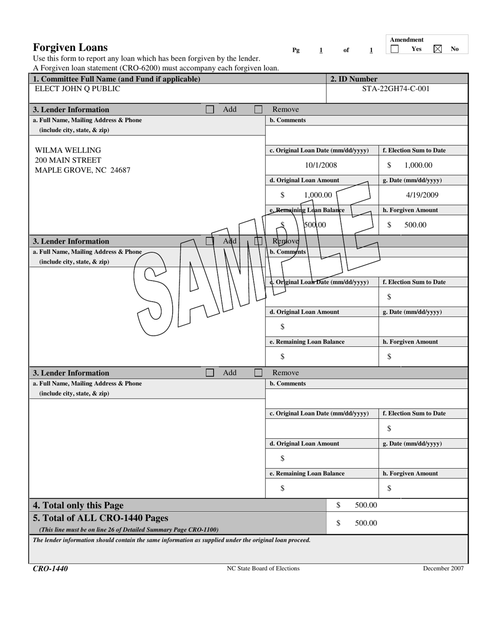 Sample Form CRO-1440 Forgiven Loans - North Carolina, Page 1