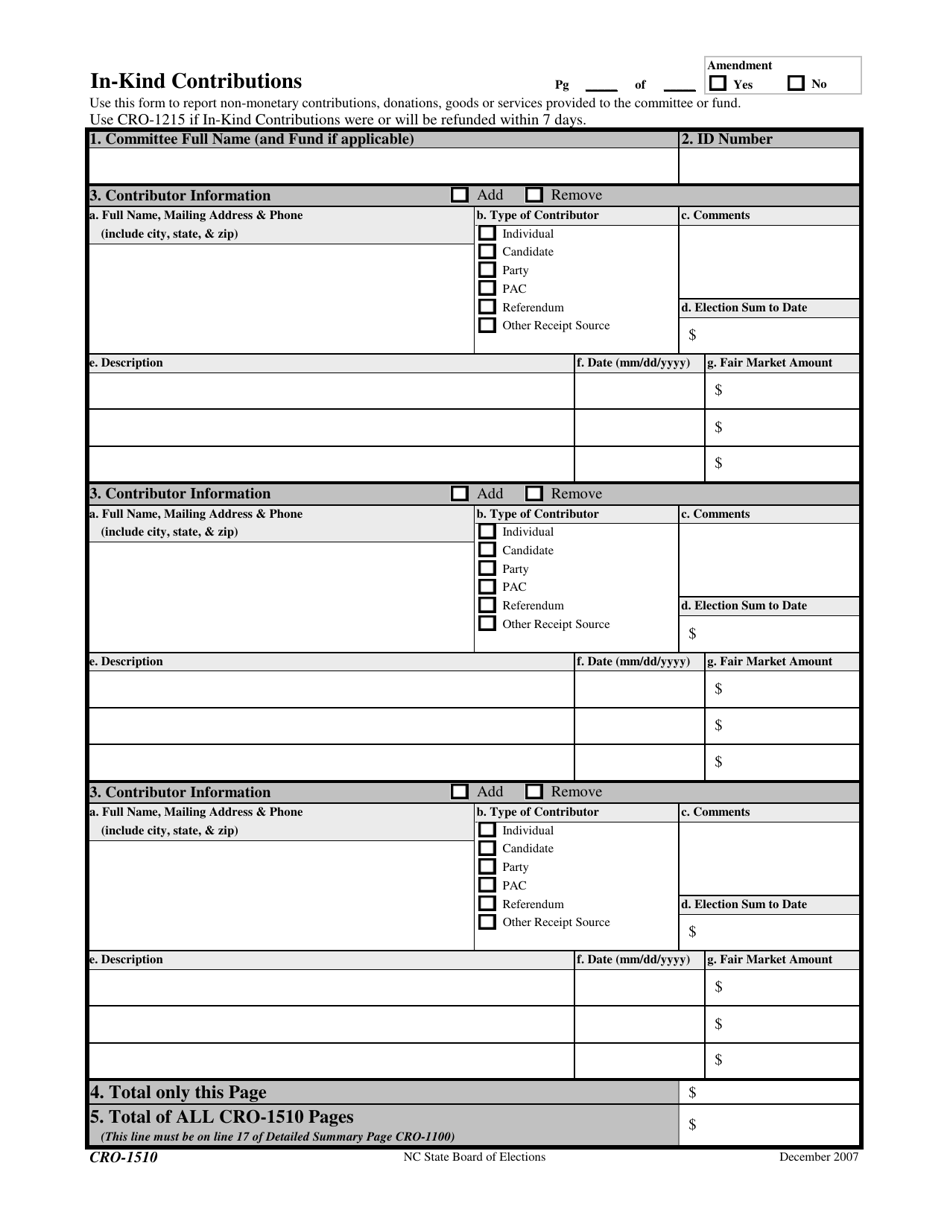 Form CRO-1510 In-kind Contributions - North Carolina, Page 1