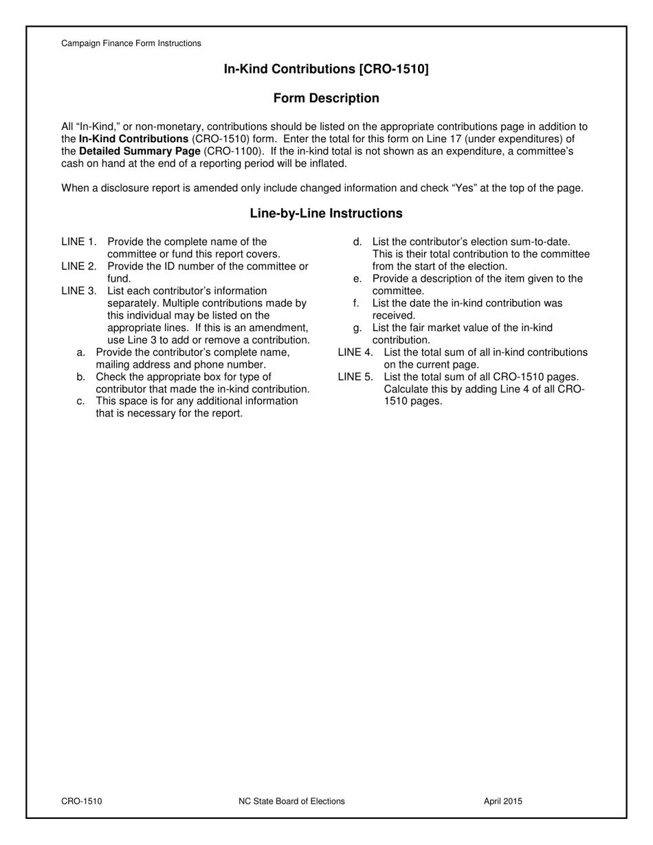 Instructions for Form CRO-1510 In-kind Contributions - North Carolina, Page 1