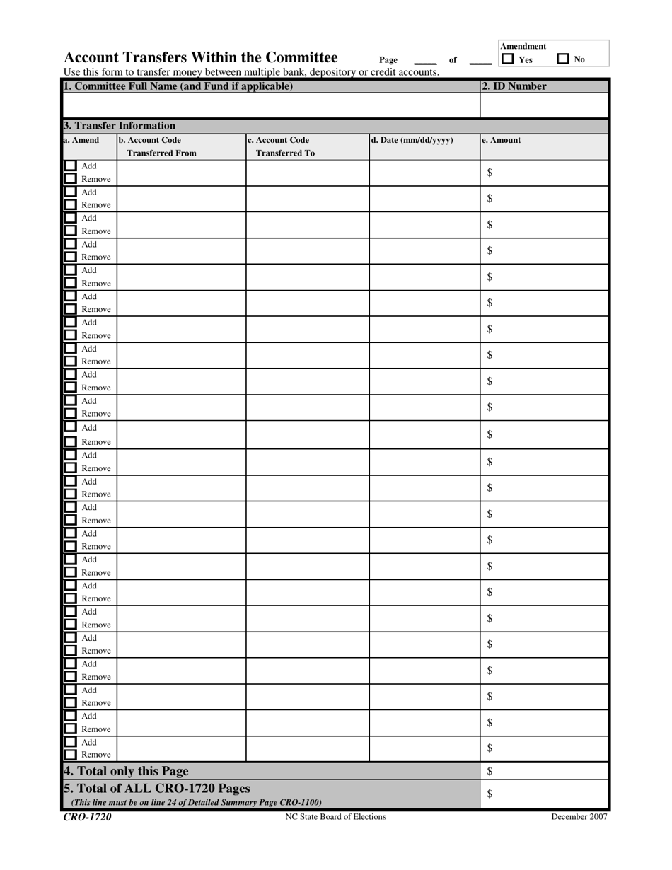 Form CRO-1720 Account Transfers Within the Committee - North Carolina, Page 1