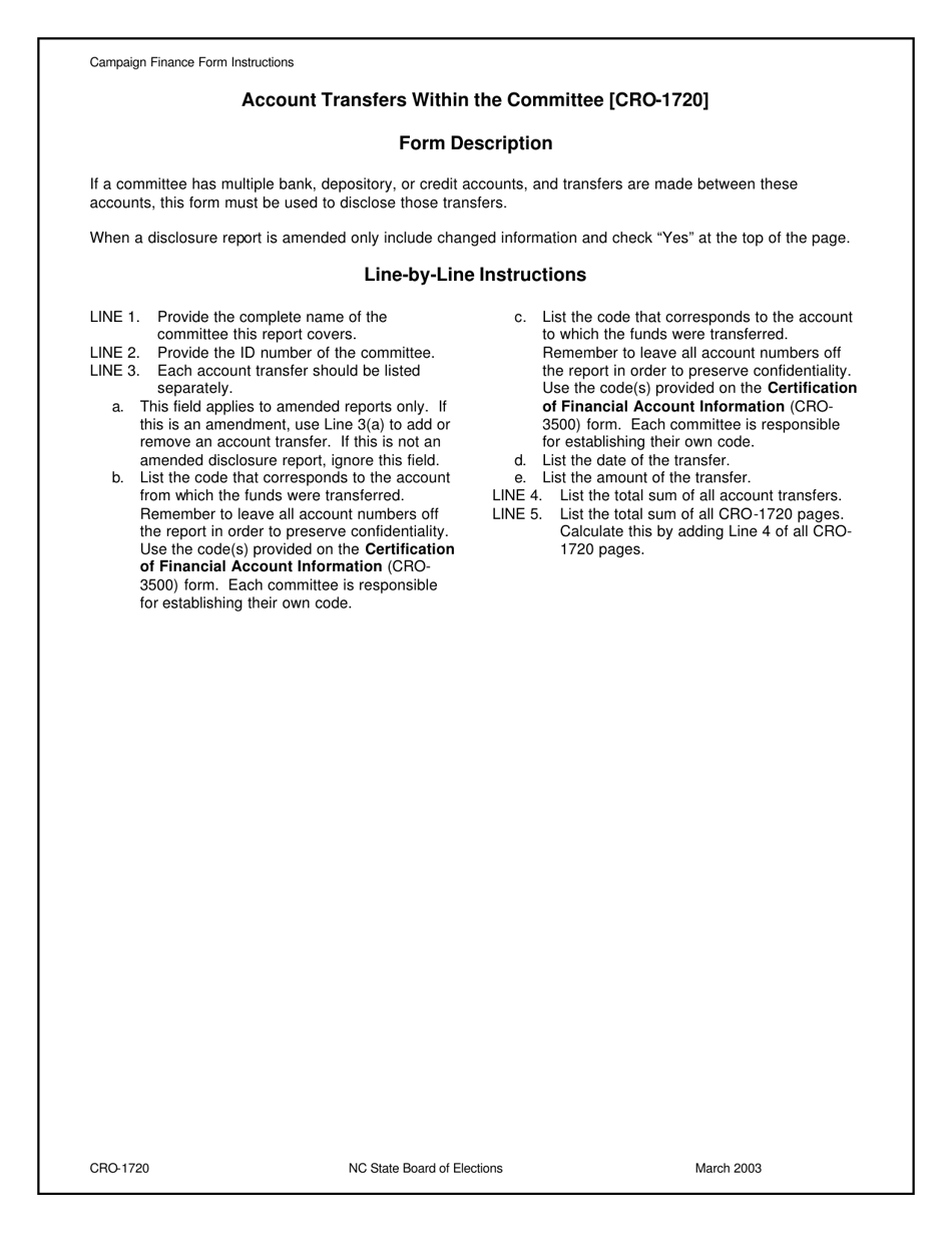 Instructions for Form CRO-1720 Account Transfers Within the Committee - North Carolina, Page 1