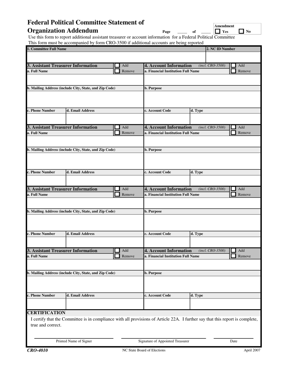 Form CRO-4010 Federal Political Committee Statement of Organization Addendum - North Carolina, Page 1