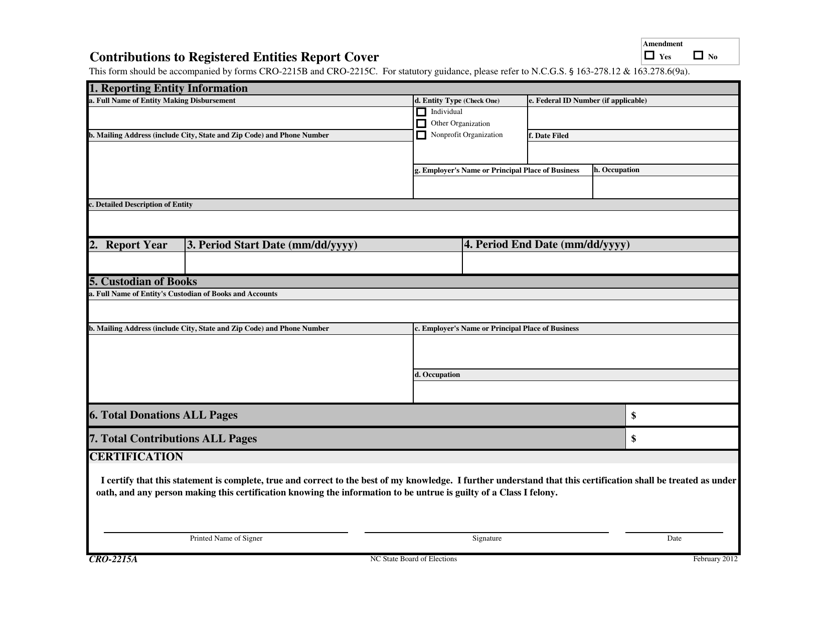 Form CRO-2215A Contributions to Registered Entities Report Cover - North Carolina