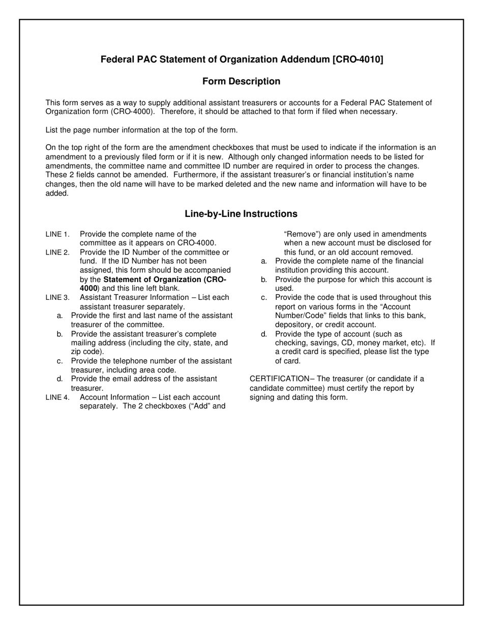 Instructions for Form CRO-4010 Federal Political Committee Statement of Organization Addendum - North Carolina, Page 1