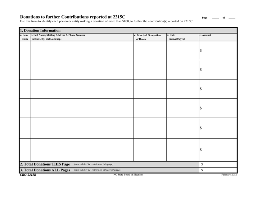 Form CRO-2215B Donations to Further Contributions Reported at 2215c - North Carolina