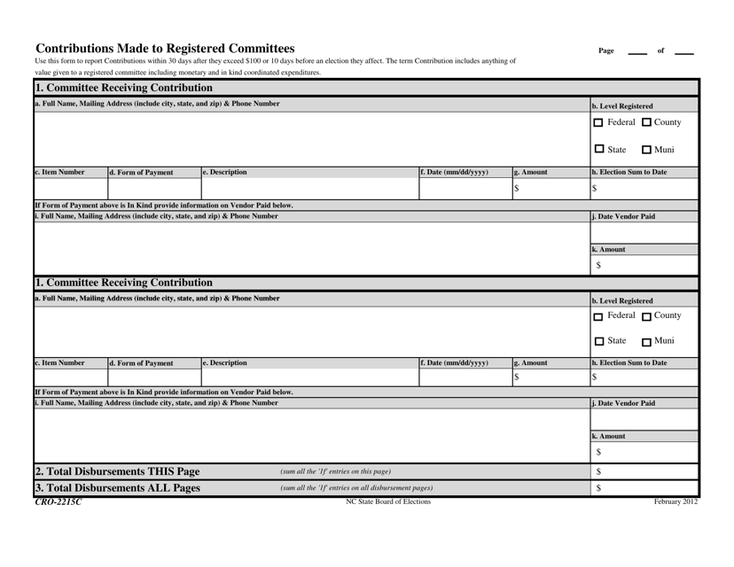 Form CRO-2215C Contributions Made to Registered Committees - North Carolina