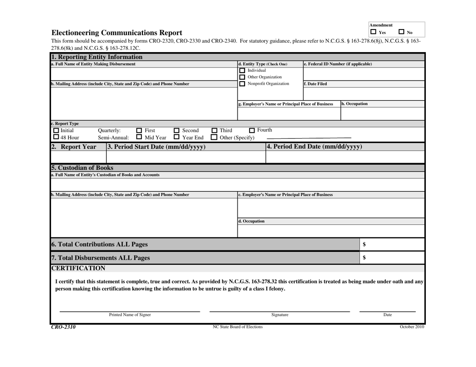 Form CRO-2310 Electioneering Communications Report - North Carolina, Page 1