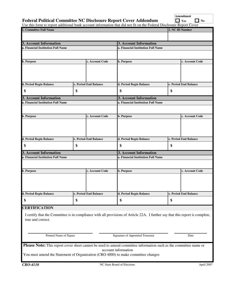 Form CRO-4110 Federal Political Committee Nc Disclosure Report Cover Addendum - North Carolina, Page 1
