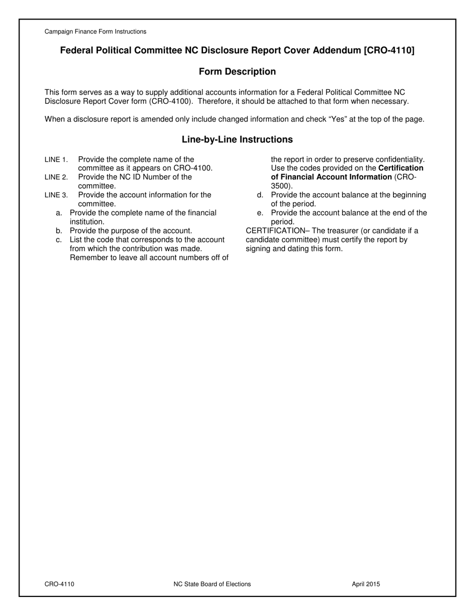 Instructions for Form CRO-4110 Federal Committee Nc Disclosure Report Cover Addendum - North Carolina, Page 1
