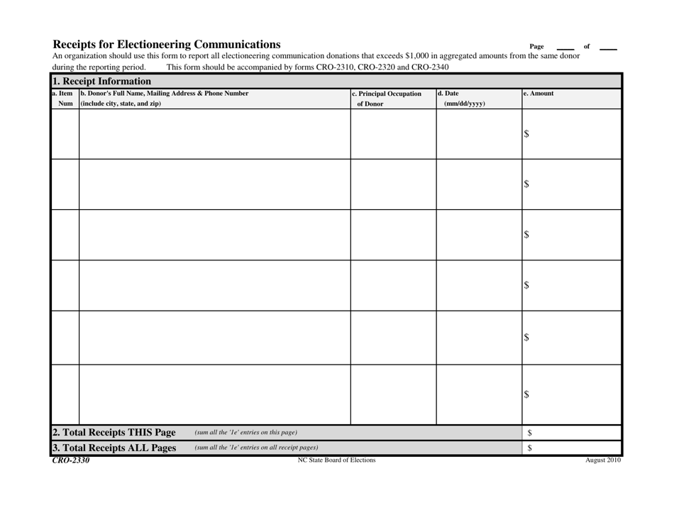 Form CRO-2330 Receipts for Electioneering Communications - North Carolina, Page 1