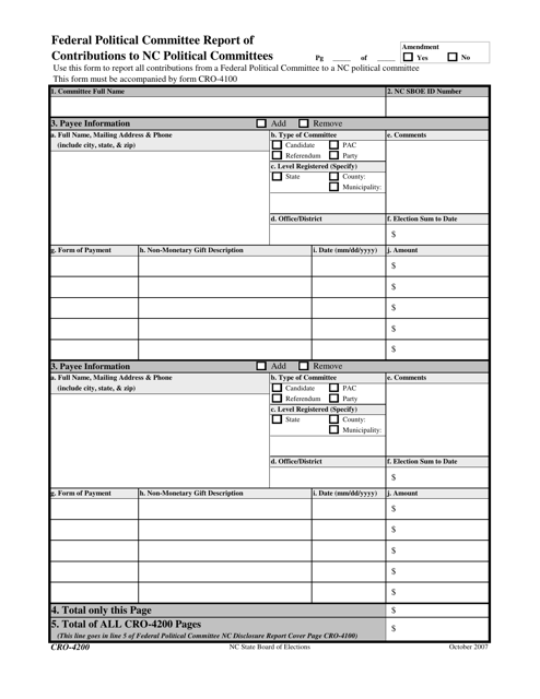 Form CRO-4200 Federal Political Committee Report of Contributions to Nc Political Committees - North Carolina