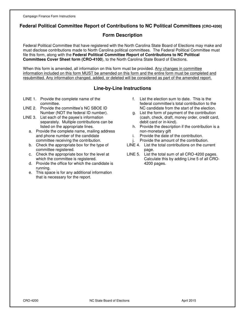 Instructions for Form CRO-4200 Federal Political Committee Report of Contributions to Nc Political Committees - North Carolina, Page 1