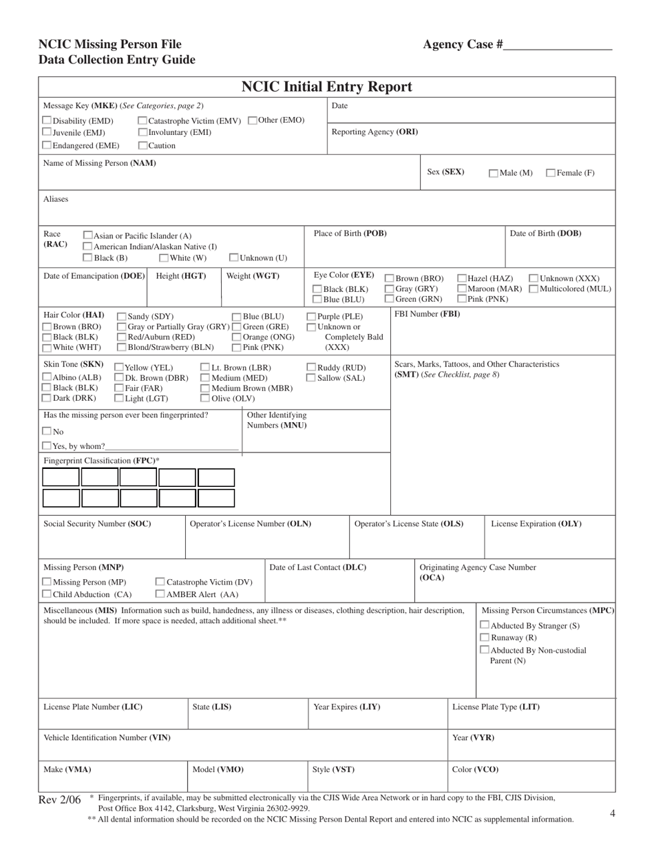 Ncic Missing Person Initial Entry Report - Montana, Page 1