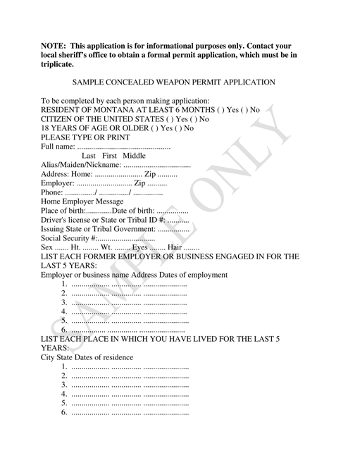 Concealed Weapon Permit Application - Montana Download Pdf