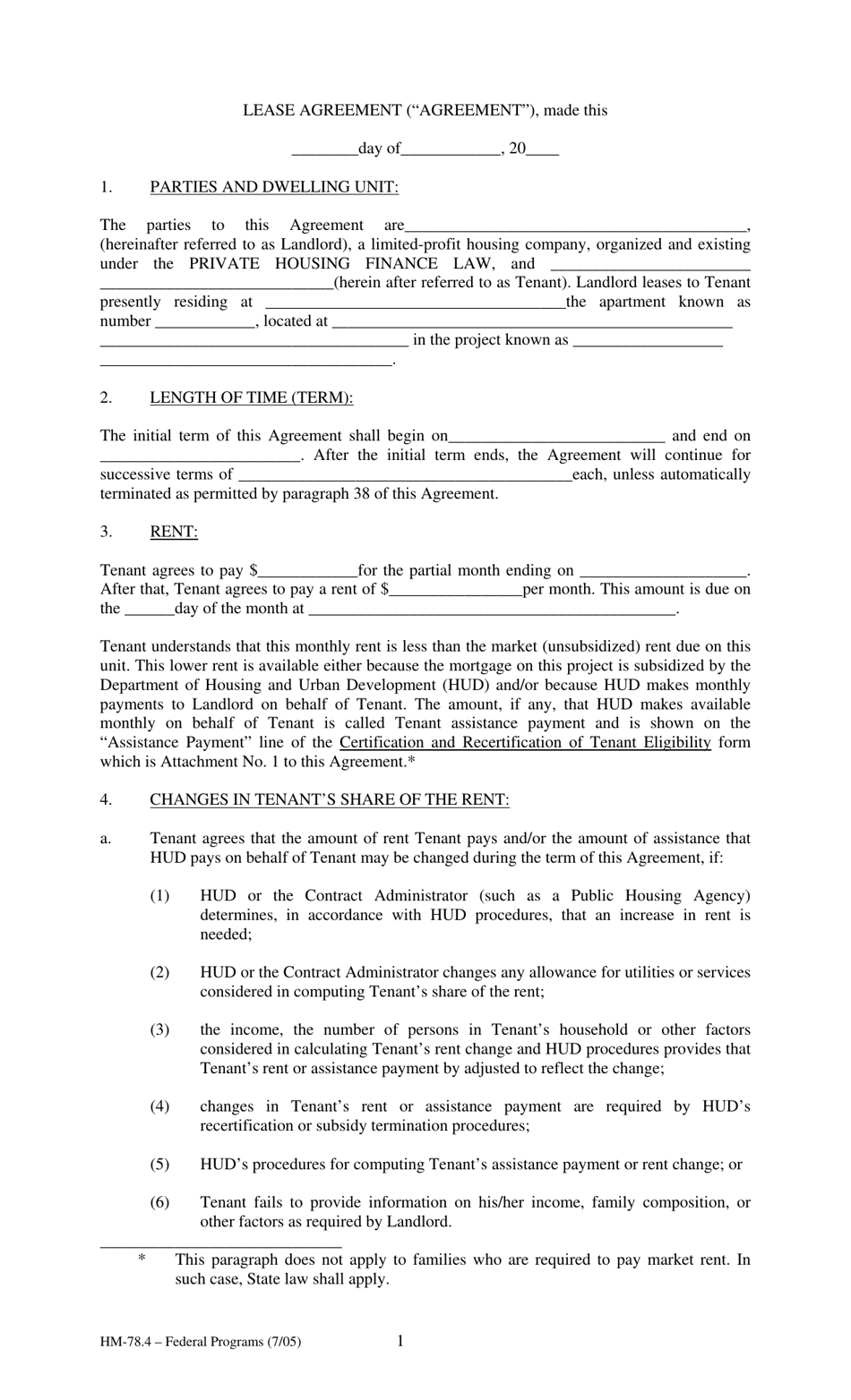 Form HM-78.4 Agreement of Lease, Federal Programs - New York, Page 1